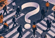 Las encuestas alemanas no detectan un cambio de tendencia del consumo tras la reforma Ilustración de personas que cruzan una calle alrededor de una cinta con forma de interrogación