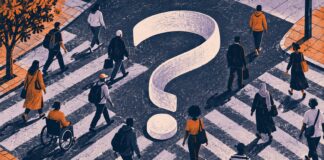 Las encuestas alemanas no detectan un cambio de tendencia del consumo tras la reforma Ilustración de personas que cruzan una calle alrededor de una cinta con forma de interrogación