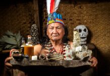 Psychéplants y el estudio de plantas psicoactivas Hombre con tocado ceremonial sostiene una bandeja con velas, frascos, plantas, huesos y un cráneo.