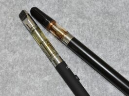 Vaporización de cannabis: ventajas e inconvenientes (I) Dos dispositivos de vapeo con depósitos transparentes sobre una superficie gris