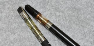 Vaporización de cannabis: ventajas e inconvenientes (I) Dos dispositivos de vapeo con depósitos transparentes sobre una superficie gris