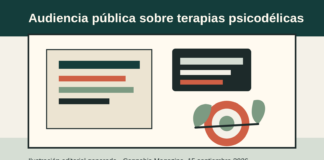 Ilustracion editorial sobre una audiencia publica de la FDA acerca de terapias psicodelicas