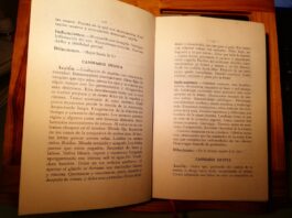 Cannabis, homeopatía y regulación europea Libro abierto con descripciones en español de Cannabis indica y Cannabis sativa sobre una mesa de madera
