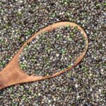 Semillas de c&aacute;&ntilde;amo en una cuchara de madera sobre un lecho de semillas