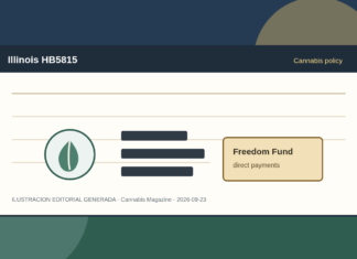 Illinois plantea pagos directos por la criminalización del cannabis Ilustración editorial sobre el proyecto HB5815 de Illinois y un fondo ligado al cannabis