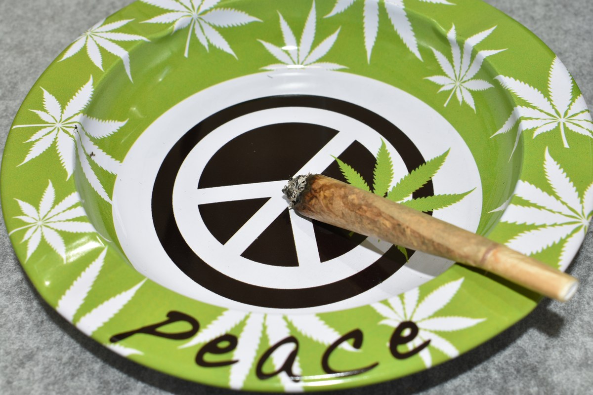 Cigarrillo liado y parcialmente quemado sobre un cenicero verde con hojas de cannabis