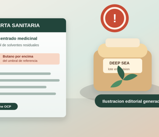 Ilustracion editorial de una alerta sanitaria sobre concentrado de cannabis medicinal con solventes residuales