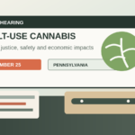Ilustracion editorial de una audiencia legislativa sobre cannabis adulto en Pensilvania