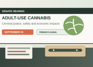 Pensilvania cita al Senado para debatir el cannabis adulto Ilustracion editorial de una audiencia legislativa sobre cannabis adulto en Pensilvania