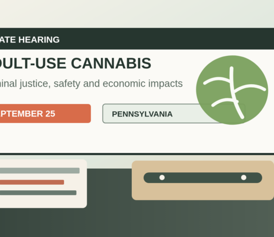 Pensilvania cita al Senado para debatir el cannabis adulto Ilustracion editorial de una audiencia legislativa sobre cannabis adulto en Pensilvania