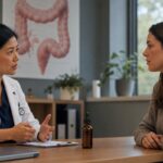 Paciente con enfermedad de Crohn conversa con un profesional sanitario junto a un frasco de extracto oral de cannabis.