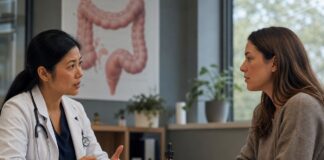 Cannabis y enfermedad de Crohn: qué se sabe Paciente con enfermedad de Crohn conversa con un profesional sanitario junto a un frasco de extracto oral de cannabis.