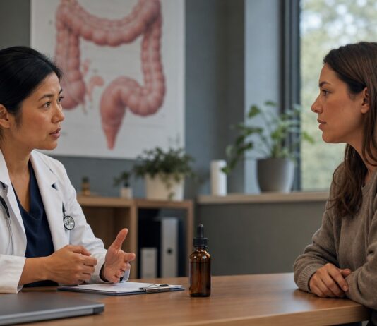 Cannabis y enfermedad de Crohn: qué se sabe Paciente con enfermedad de Crohn conversa con un profesional sanitario junto a un frasco de extracto oral de cannabis.
