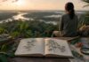 El libro de Ramón Puig: viajes y consciencia Cuaderno de viaje abierto junto a plantas y un mapa ante la selva peruana al amanecer