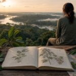Cuaderno de viaje abierto junto a plantas y un mapa ante la selva peruana al amanecer