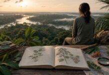 El libro de Ramón Puig: viajes y consciencia Cuaderno de viaje abierto junto a plantas y un mapa ante la selva peruana al amanecer