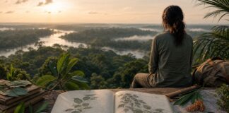 Cuaderno de viaje abierto junto a plantas y un mapa ante la selva peruana al amanecer