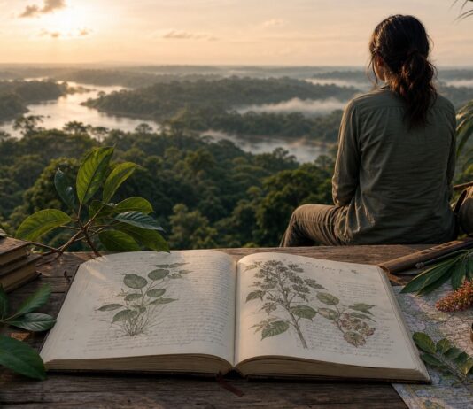 El libro de Ramón Puig: viajes y consciencia Cuaderno de viaje abierto junto a plantas y un mapa ante la selva peruana al amanecer