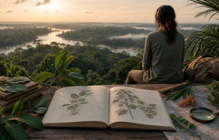 Cuaderno de viaje abierto junto a plantas y un mapa ante la selva peruana al amanecer