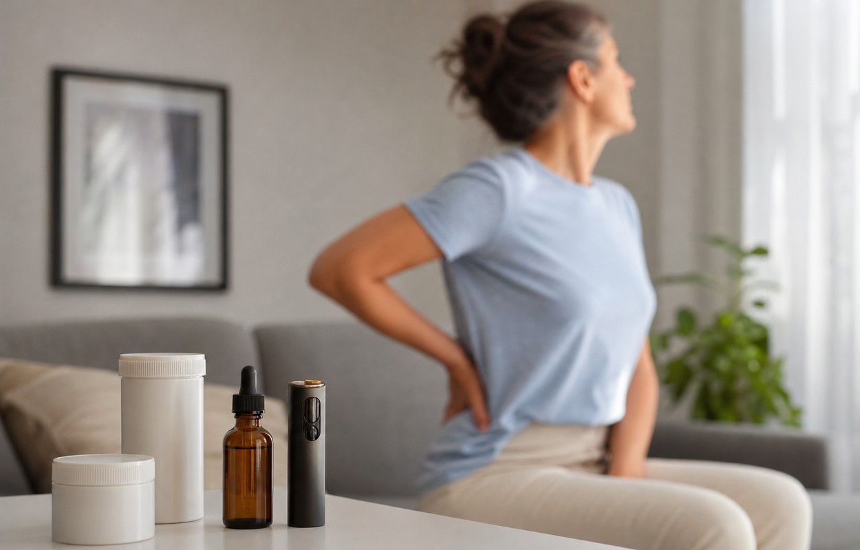 Aceite de CBD y vaporizador sobre una mesa junto a una mujer con dolor de espalda al fondo