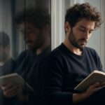 Lector pensativo junto a una ventana con un ensayo abierto y reflejos sutiles en un espejo