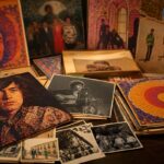 Mesa de archivo con discos, carteles, revistas y fotografías psicodélicas de los años sesenta y setenta