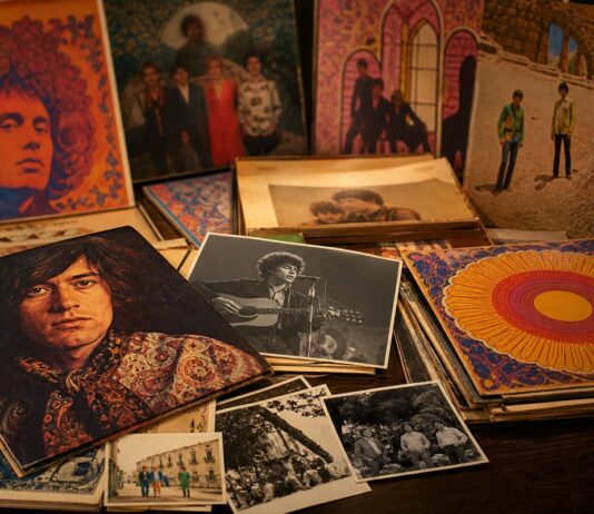 La huella visual de la psicodelia y el hippismo Mesa de archivo con discos, carteles, revistas y fotografías psicodélicas de los años sesenta y setenta