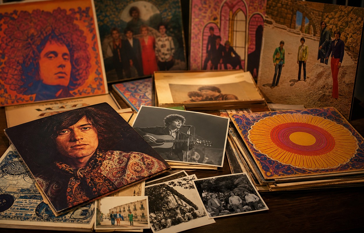 Mesa de archivo con discos, carteles, revistas y fotograf&iacute;as psicod&eacute;licas de los a&ntilde;os sesenta y setenta