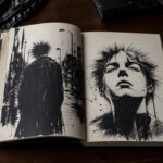 Libro de relatos abierto sobre una mesa junto a ilustraciones, fotograf&iacute;as y objetos de est&eacute;tica punk.