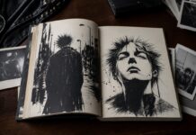 Los relatos de Xavi Cot, entre punk e ironía Libro de relatos abierto sobre una mesa junto a ilustraciones, fotografías y objetos de estética punk.
