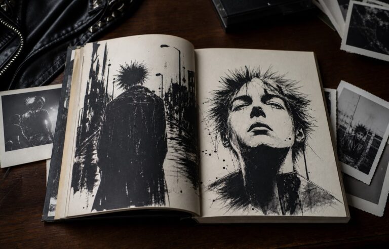 Libro de relatos abierto sobre una mesa junto a ilustraciones, fotografías y objetos de estética punk.