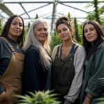 Grupo diverso de mujeres reunidas entre plantas de cannabis en un invernadero iluminado con luz natural.