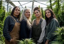 Mujeres del cannabis: nueve voces pioneras Grupo diverso de mujeres reunidas entre plantas de cannabis en un invernadero iluminado con luz natural.