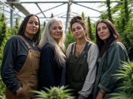 Mujeres del cannabis: nueve voces pioneras Grupo diverso de mujeres reunidas entre plantas de cannabis en un invernadero iluminado con luz natural.