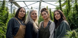 Grupo diverso de mujeres reunidas entre plantas de cannabis en un invernadero iluminado con luz natural.