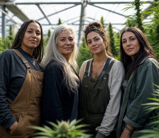 Mujeres del cannabis: nueve voces pioneras Grupo diverso de mujeres reunidas entre plantas de cannabis en un invernadero iluminado con luz natural.