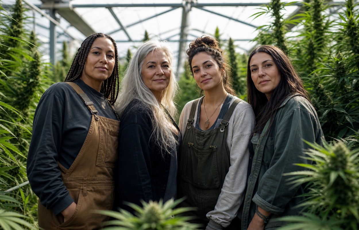 Grupo diverso de mujeres reunidas entre plantas de cannabis en un invernadero iluminado con luz natural.