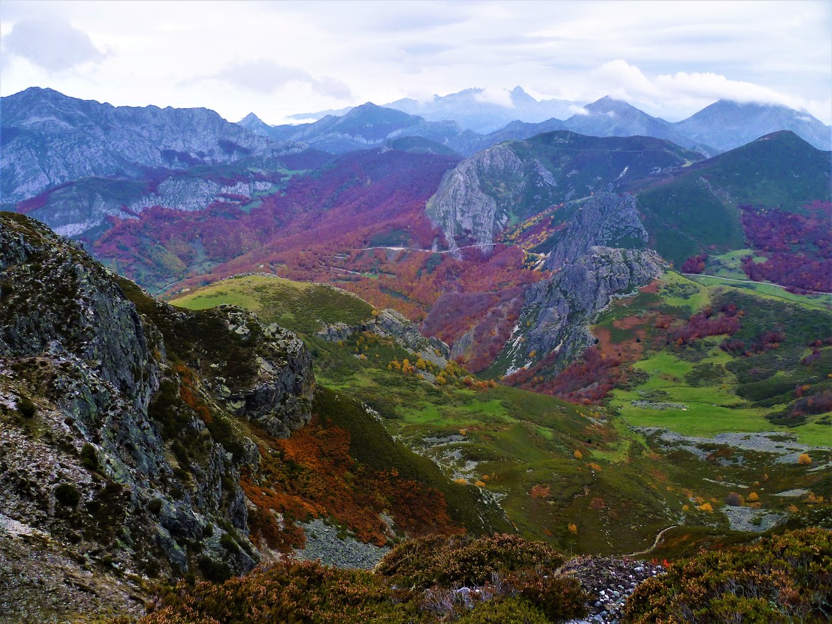Panor&aacute;mica de monta&ntilde;as y valles cubiertos de vegetaci&oacute;n oto&ntilde;al bajo un cielo nublado