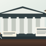 Ilustracion editorial de un tribunal y documentos sobre licencias de cannabis en Estados Unidos