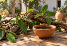 Ayahuasca en Sagunto: garantías, libertad y una regulación pendiente Ilustración generada con IA de una liana, hojas verdes y un cuenco de barro sobre una mesa.