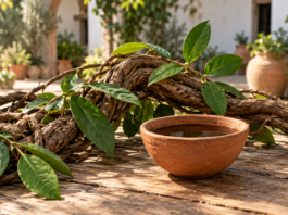 Ayahuasca en Sagunto: garantías, libertad y una regulación pendiente Ilustración generada con IA de una liana, hojas verdes y un cuenco de barro sobre una mesa.