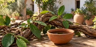 Ayahuasca en Sagunto: garantías, libertad y una regulación pendiente Ilustración generada con IA de una liana, hojas verdes y un cuenco de barro sobre una mesa.