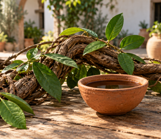 Ayahuasca en Sagunto: garantías, libertad y una regulación pendiente Ilustración generada con IA de una liana, hojas verdes y un cuenco de barro sobre una mesa.