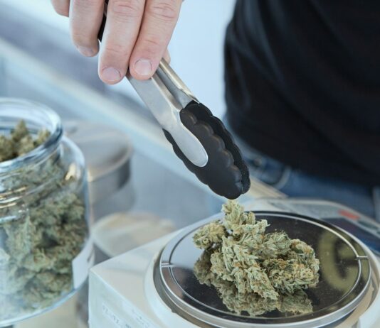 Una mano maneja pinzas junto a flores de cannabis sobre una b&aacute;scula y un tarro abierto