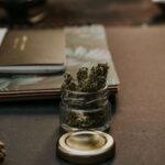Flores de cannabis medicinal en un tarro sobre una mesa de trabajo